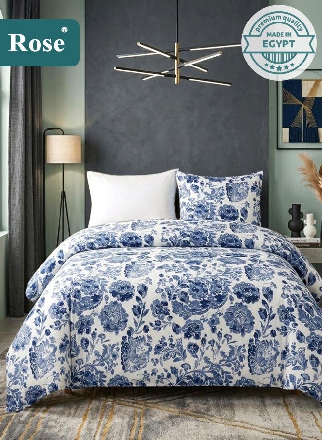 Rose Floral Comforter Set, High Quality Microfiber, 4 Pieces, Fits 120x200 cm Single Size Bed, Soft Cooling Breathable, Stylish Printed Elegance, Extra Twin Size Comforter 170x260 cm, Dark Blue Flowers - Image 1