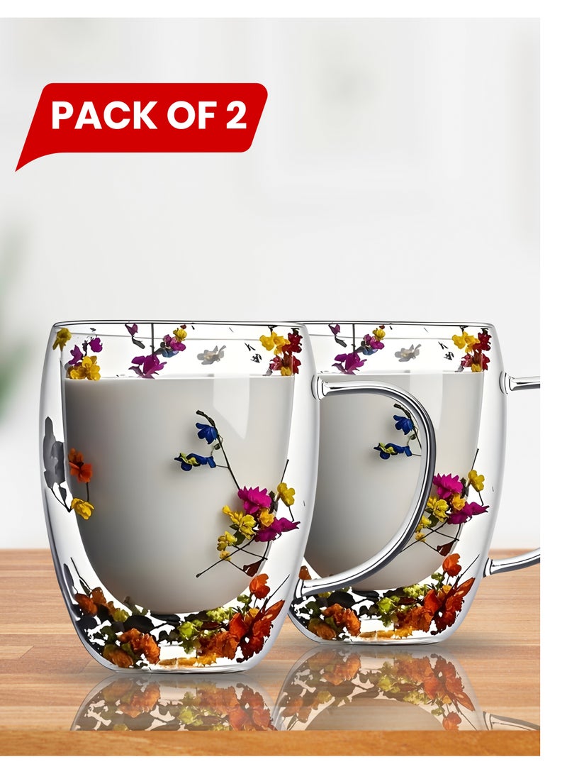 Pack of 2 Double-Walled Glass Coffee Mug with Handle – 350ml Insulated Tea Cup with Dried Flower Design | Elegant Gift for Women, Wife, Mom, Birthday & Home Use - Image 1