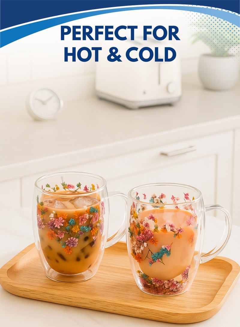 Pack of 2 Double-Walled Glass Coffee Mug with Handle – 350ml Insulated Tea Cup with Dried Flower Design | Elegant Gift for Women, Wife, Mom, Birthday & Home Use - Image 4