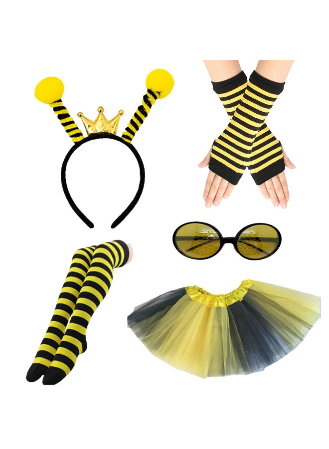 HI-FINE 5 Pieces Bee Costume Kit, Bee Bopper Antenna Headband, Sunglasses, Black and Yellow Tutu Skirt, Bee Striped Leg Warmers Knee Thigh High Stocking and Long Gloves for Christmas Halloween Dress Cosplay Party - Image 1
