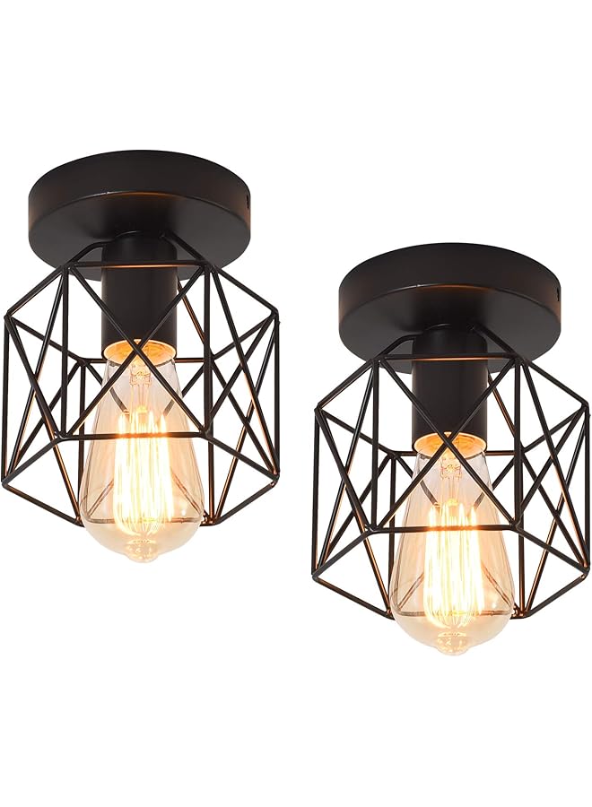 erorex Semi Flush Mount Ceiling Light Fixture Retro Metal Cage Black Industrial Vintage Ceiling Lamp For Hallway Stairway Dining Room Bedroom Balcony Kitchen Farmhouse Indoor Lighting 2 Pack - Image 1