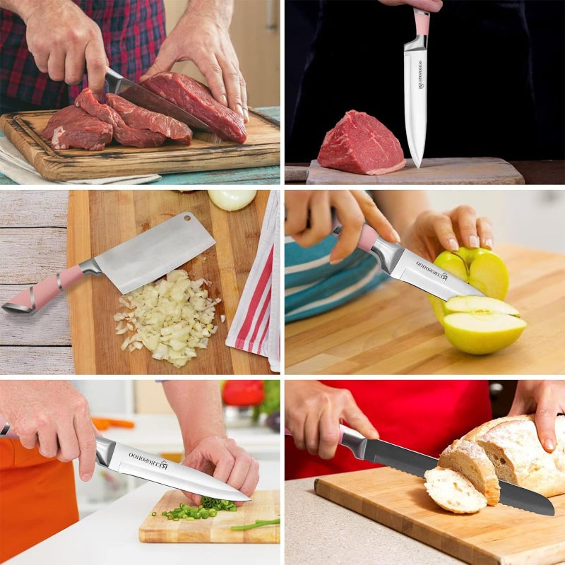 RETROSOHOO Kitchen Knife Set, Retrosohoo 9-Pieces Pink Sharp Non-Stick Coated Chef Knives Block Set,Stainless Steel Knife Set for Kitchen with Sharpener for Cutting Slicing Dicing Chopping (Pink) - Image 5