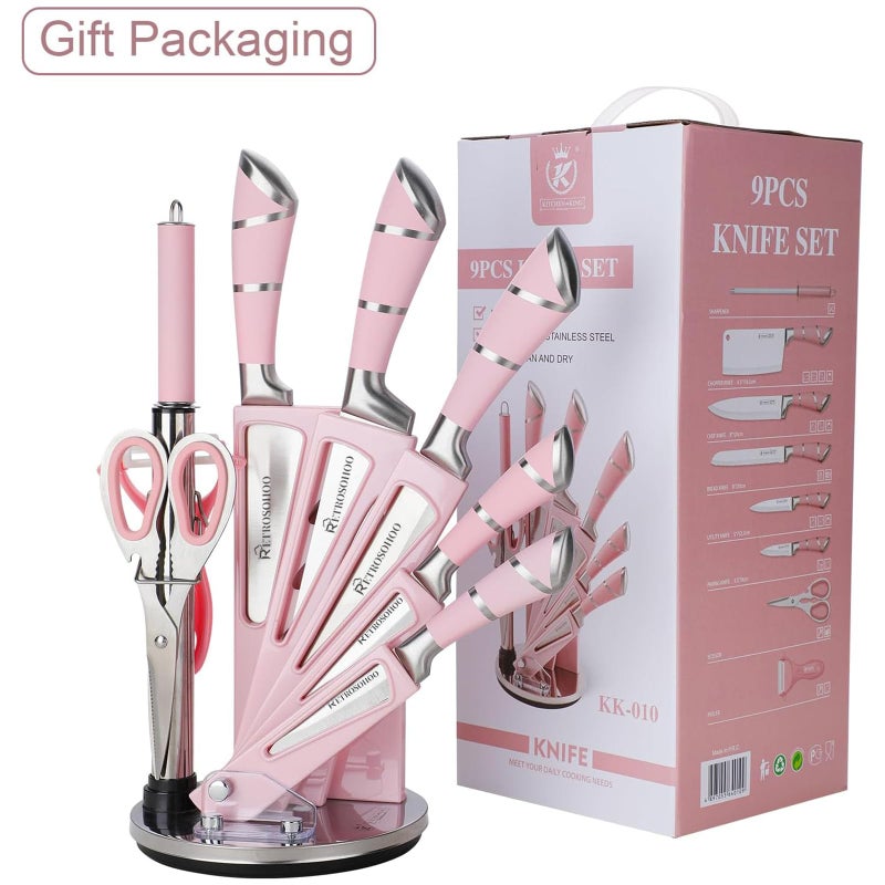 RETROSOHOO Kitchen Knife Set, Retrosohoo 9-Pieces Pink Sharp Non-Stick Coated Chef Knives Block Set,Stainless Steel Knife Set for Kitchen with Sharpener for Cutting Slicing Dicing Chopping (Pink) - Image 2