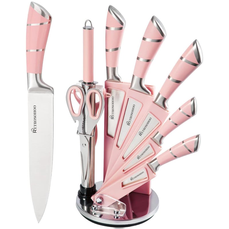 RETROSOHOO Kitchen Knife Set, Retrosohoo 9-Pieces Pink Sharp Non-Stick Coated Chef Knives Block Set,Stainless Steel Knife Set for Kitchen with Sharpener for Cutting Slicing Dicing Chopping (Pink) - Image 1