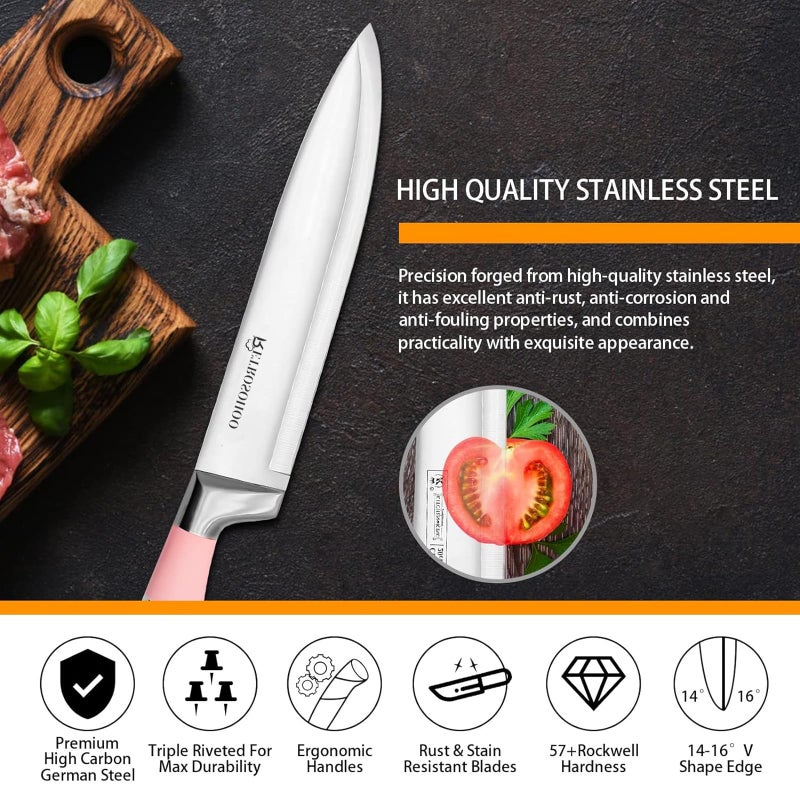 RETROSOHOO Kitchen Knife Set, Retrosohoo 9-Pieces Pink Sharp Non-Stick Coated Chef Knives Block Set,Stainless Steel Knife Set for Kitchen with Sharpener for Cutting Slicing Dicing Chopping (Pink) - Image 3