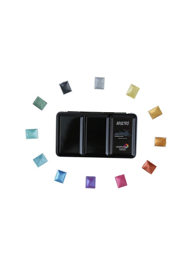 بروسترو مجموعة من 12 نصف قالب ألوان مائية معدنية من Brustro مع دفتر رسم أسود من Fabriano مقاس 15 × 15 سم - Image 1