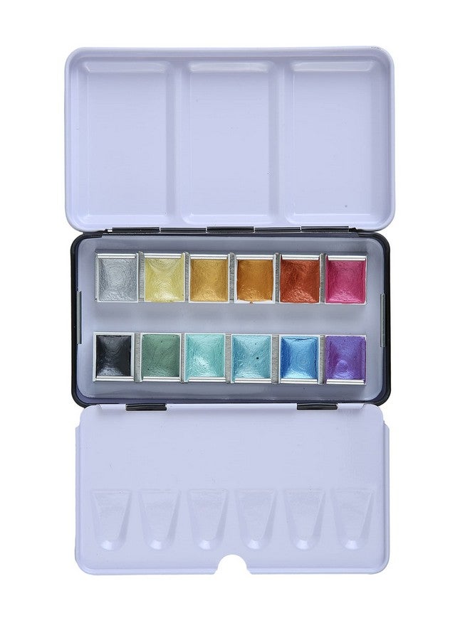 بروسترو مجموعة من 12 نصف قالب ألوان مائية معدنية من Brustro مع دفتر رسم أسود من Fabriano مقاس 15 × 15 سم - Image 2