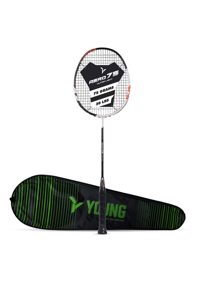 Young Aero 75 Ultra Light (75G, Pro-Grade) Strung Badminton Racket With Free Cover - Ultra Graphite Uni-Body Construction (Black, White)  - Image 1
