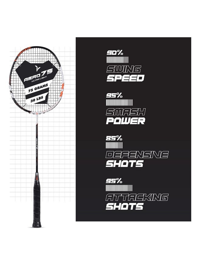 Young Aero 75 Ultra Light (75G, Pro-Grade) Strung Badminton Racket With Free Cover - Ultra Graphite Uni-Body Construction (Black, White)  - Image 4