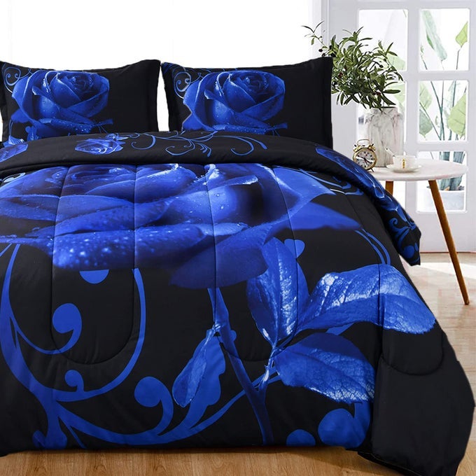 BLUE COMFORTER SET KING REVERSIBLE BLUE ROSE PATTERN PRINTED BEDDING COMFORTER SET WITH 2 PILLOWCASES FOR ALL SEASONS SOFT MICROFIBER FILLING BEDDING SET 103X90