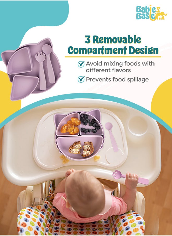 Babies Basic Feeding Set With Removable Sections , 3 Piece, Silicone Set For Self Feeding, Easy To Grip,Silicone Suction Plate With Silicone Spoon And Fork- Purple  - Image 2