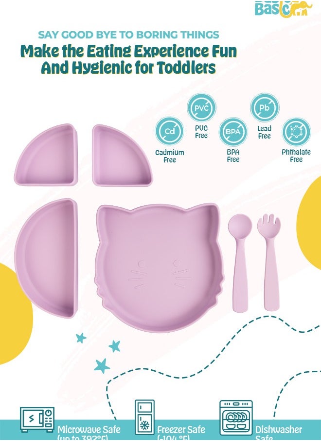 Babies Basic Feeding Set With Removable Sections , 3 Piece, Silicone Set For Self Feeding, Easy To Grip,Silicone Suction Plate With Silicone Spoon And Fork- Purple  - Image 3