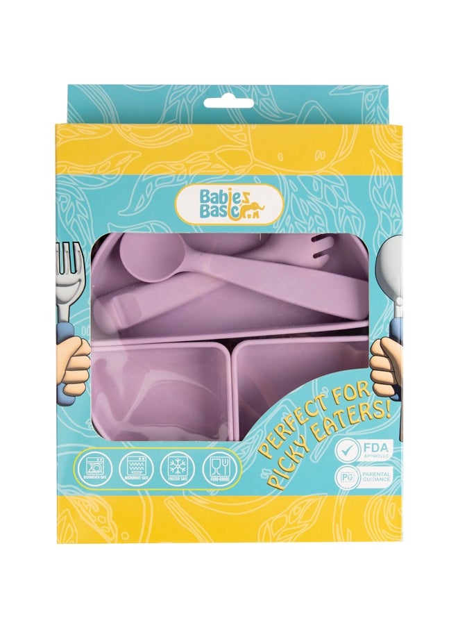 Babies Basic Feeding Set With Removable Sections , 3 Piece, Silicone Set For Self Feeding, Easy To Grip,Silicone Suction Plate With Silicone Spoon And Fork- Purple  - Image 5