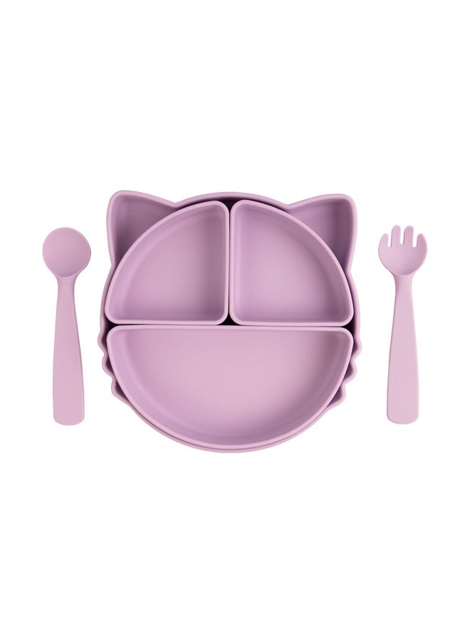 Babies Basic Feeding Set With Removable Sections , 3 Piece, Silicone Set For Self Feeding, Easy To Grip,Silicone Suction Plate With Silicone Spoon And Fork- Purple  - Image 1