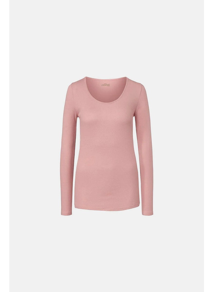 Tchibo Women Round Neck Long Sleeves Plain Tops, Peach  - Image 3