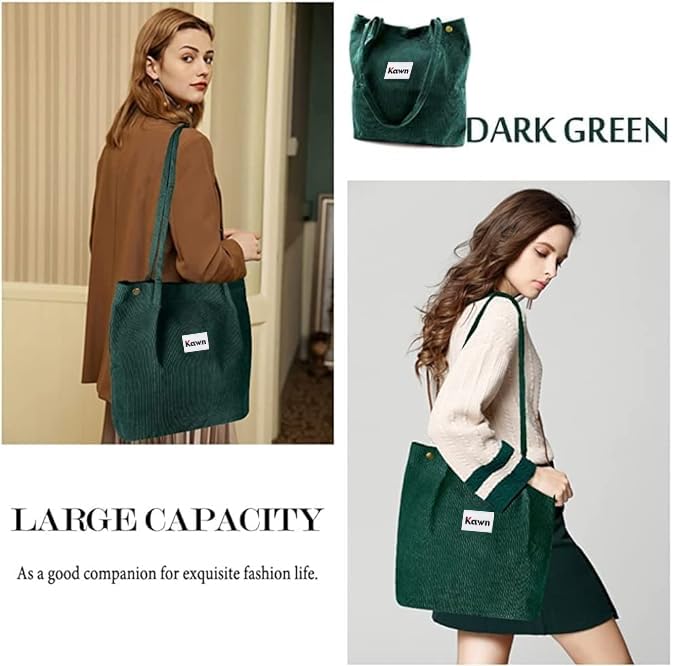 Kawn Women Corduroy Western Tote Bag Canvas Shoulder Cord Purse Reusable Shopping Bag Grocery Bag Large Capacity Washable Handbag Girls Shoulder Bag With Inner Pocket For Daily Use Work Travel (Green) - Image 5