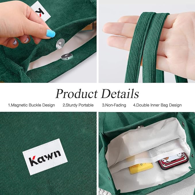 Kawn Women Corduroy Western Tote Bag Canvas Shoulder Cord Purse Reusable Shopping Bag Grocery Bag Large Capacity Washable Handbag Girls Shoulder Bag With Inner Pocket For Daily Use Work Travel (Green) - Image 3