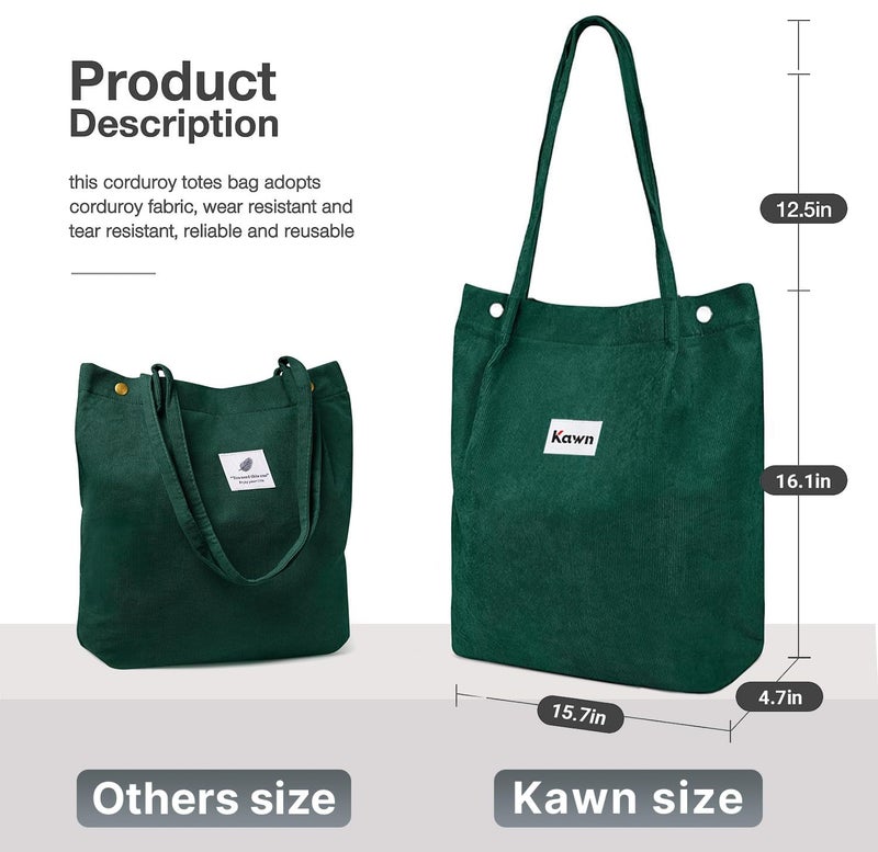 Kawn Women Corduroy Western Tote Bag Canvas Shoulder Cord Purse Reusable Shopping Bag Grocery Bag Large Capacity Washable Handbag Girls Shoulder Bag With Inner Pocket For Daily Use Work Travel (Green) - Image 2
