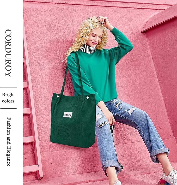 Kawn Women Corduroy Western Tote Bag Canvas Shoulder Cord Purse Reusable Shopping Bag Grocery Bag Large Capacity Washable Handbag Girls Shoulder Bag With Inner Pocket For Daily Use Work Travel (Green) - Image 4