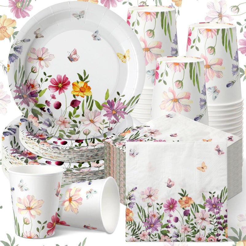 Hsei 250 Pcs Spring Wildflower Party Decoration Baby Shower Disposable Tableware Sets Birthday Supplies Serves 50 Guests Disposable Plates Napkins and Cups for Baby Bridal Shower Birthday Party - Image 1
