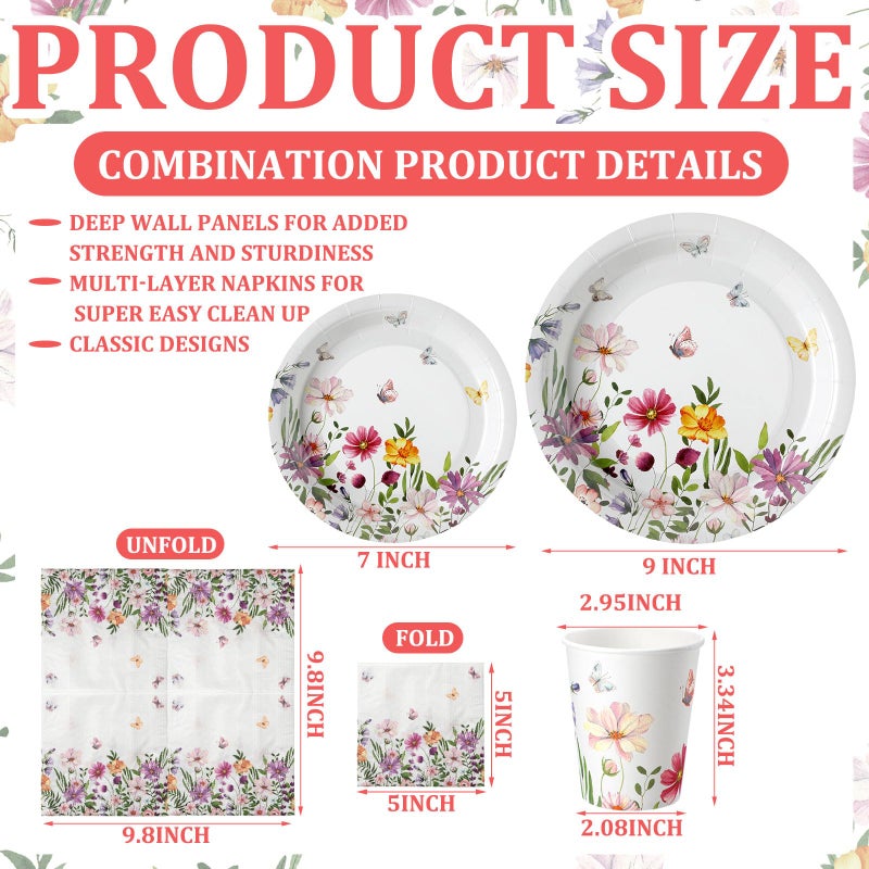 Hsei 250 Pcs Spring Wildflower Party Decoration Baby Shower Disposable Tableware Sets Birthday Supplies Serves 50 Guests Disposable Plates Napkins and Cups for Baby Bridal Shower Birthday Party - Image 2