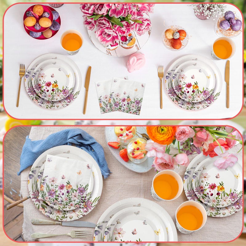Hsei 250 Pcs Spring Wildflower Party Decoration Baby Shower Disposable Tableware Sets Birthday Supplies Serves 50 Guests Disposable Plates Napkins and Cups for Baby Bridal Shower Birthday Party - Image 4