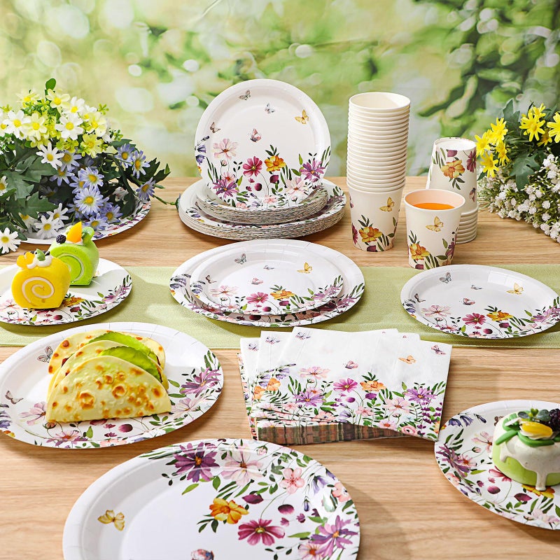 Hsei 250 Pcs Spring Wildflower Party Decoration Baby Shower Disposable Tableware Sets Birthday Supplies Serves 50 Guests Disposable Plates Napkins and Cups for Baby Bridal Shower Birthday Party - Image 3