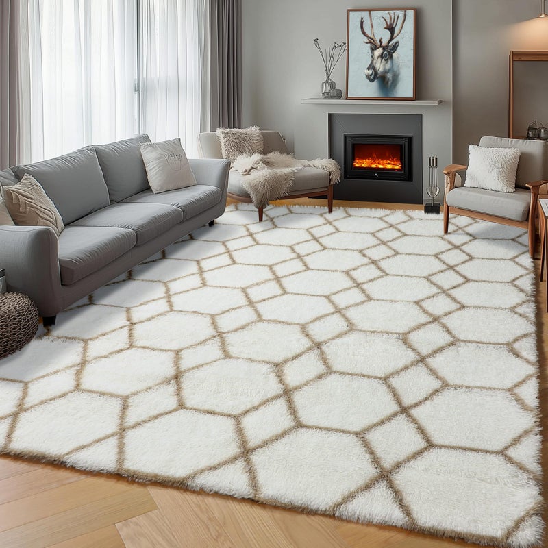 ONASAR Rugs for Living Room Bedroom, 5x8 Fluffy White and Beige Area Rug, Geometric Boho Soft Plush Shaggy Floor Carpet Mat for Nursery Kids Girls Boys Teen Dorm Home Decor Aesthetic - Image 1