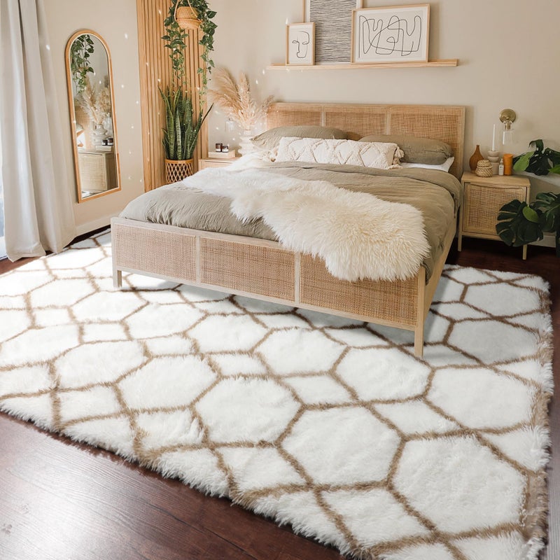 ONASAR Rugs for Living Room Bedroom, 5x8 Fluffy White and Beige Area Rug, Geometric Boho Soft Plush Shaggy Floor Carpet Mat for Nursery Kids Girls Boys Teen Dorm Home Decor Aesthetic - Image 4