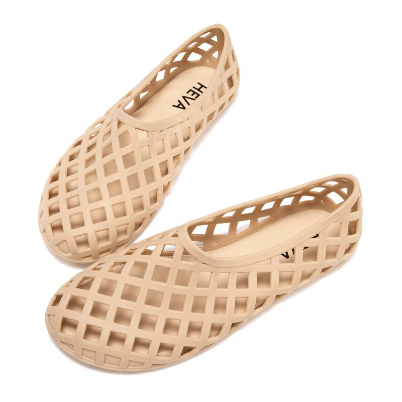 HEVA Jelly Mesh Flats for Womens Closed Toe Beach Slip On Summer Sandals Lightweight Clear Hollow Shoes(8 M US Beige) - Image 3