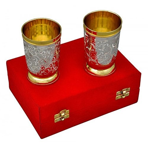 Taluka Etching Embossed Designer 250 ML Gold Silver Plated Tumbler Drinkware Goblet Glass Pack Of 2