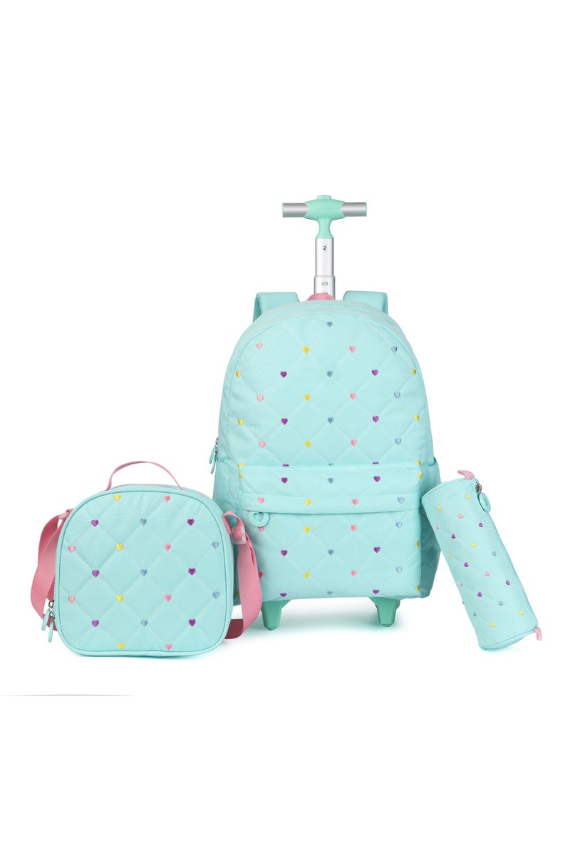 Girls 3-in-1 Trolley School Backpack Set – Lightweight Quilted Trolley Bag with Wheels, Lunch Bag & Pencil Case – Light Turquoise, Adjustable Straps, Durable for Primary & Elementary Students - Image 1