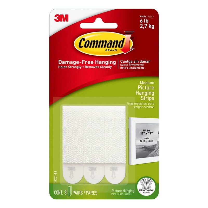 Command 17201-ES Picture Hanging Strips, Medium, Holds 2.7 Kg. whole pack, white color. 3 pairs/pack - Image 1