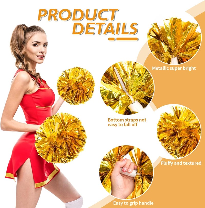 CREATIEE-PRO 4Pcs Metallic Cheerleading Pom Poms, Creatiee 2 Pair Cheerleader Cheering Squad Pompoms for School Sports Dance Games Team Spirit Cheer - Image 3
