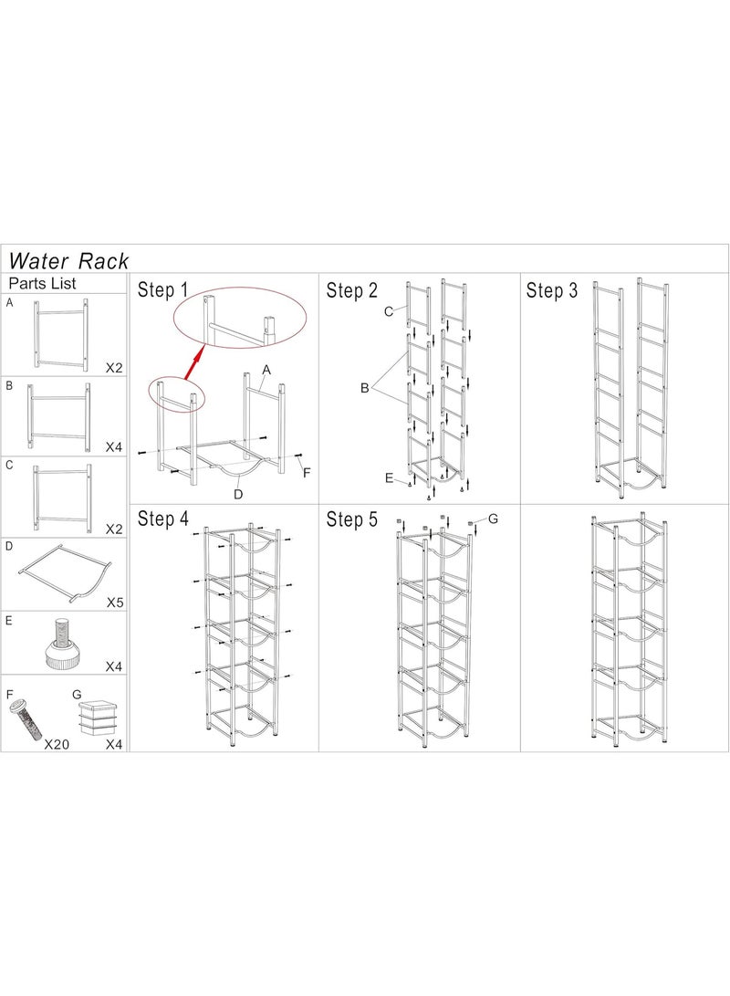 JIHAM 5 Tier Water Jug Rack Heavy Duty Metal Water Bottle Holder for 5 Gallon Bottles, Stackable Floor Standing Water Storage Organizer with Anti-Slip Pads, Easy to Assemble for Kitchen, Home & Office Grey - Image 3