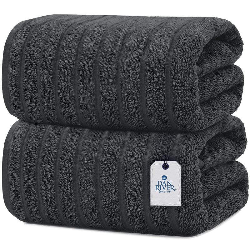 DAN RIVER Pack of 2 Bath Sheet 35x70 Inches Extra Large Ribbed Gray Bath Towels Oversized Absorbent Cotton Towels for Bathroom