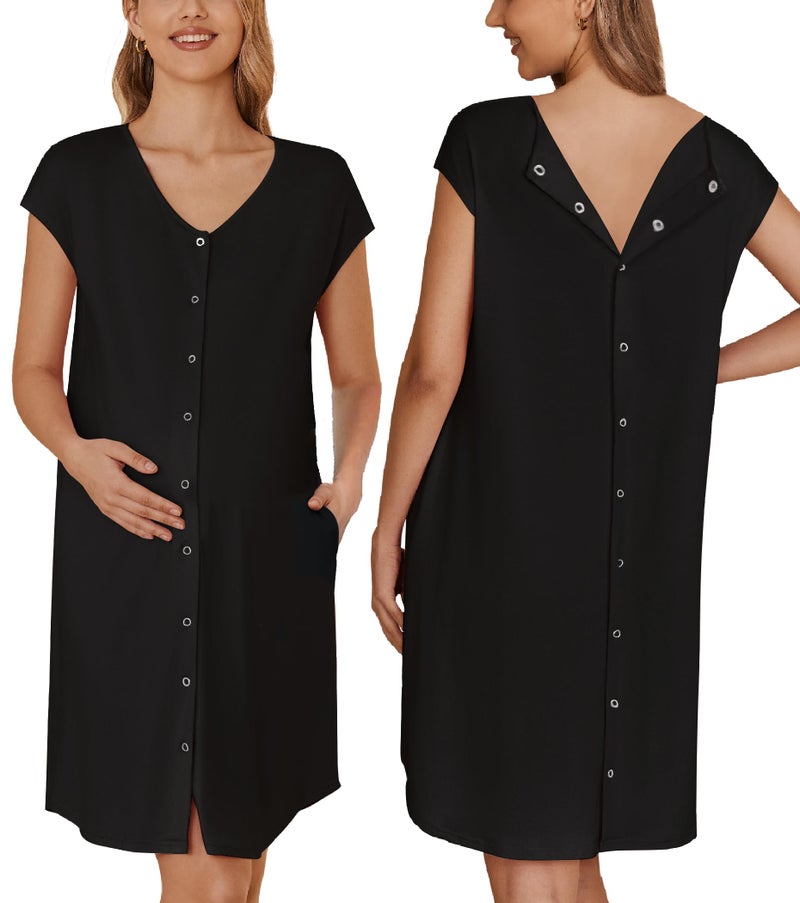 Ekouaer Labor and Delivery Gown Maternity Dress Nursing Nightgown Sleepwear for Breastfeeding V Neck Short Sleeve Nightshirt Sleepwear Black M - Image 1