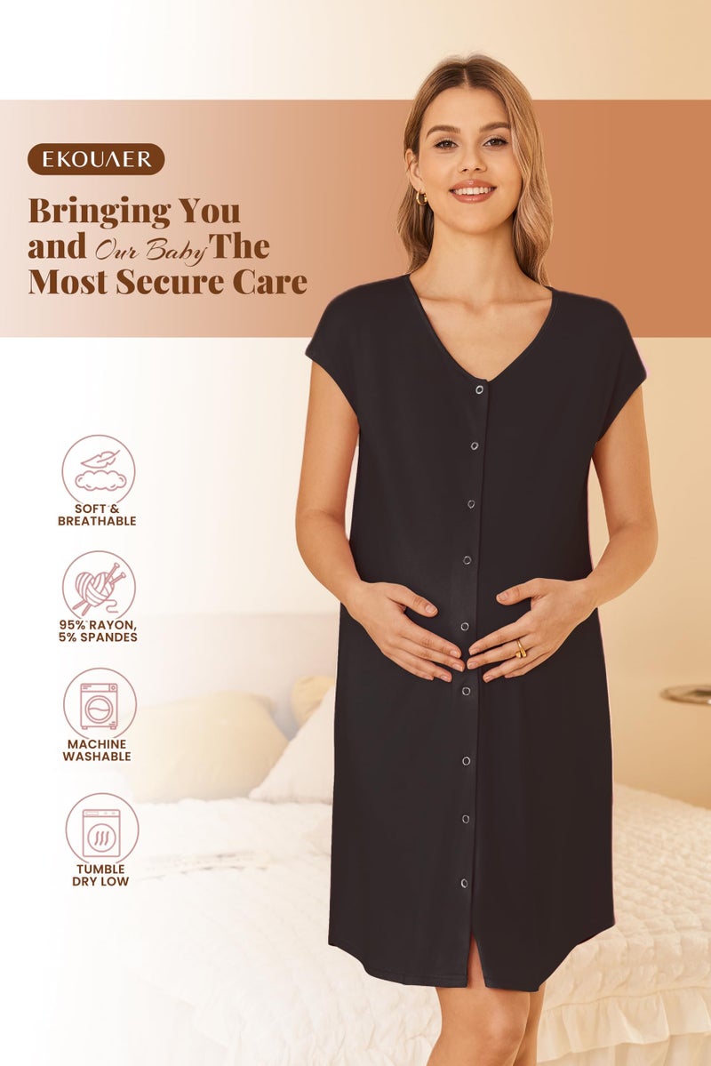 Ekouaer Labor and Delivery Gown Maternity Dress Nursing Nightgown Sleepwear for Breastfeeding V Neck Short Sleeve Nightshirt Sleepwear Black M - Image 5