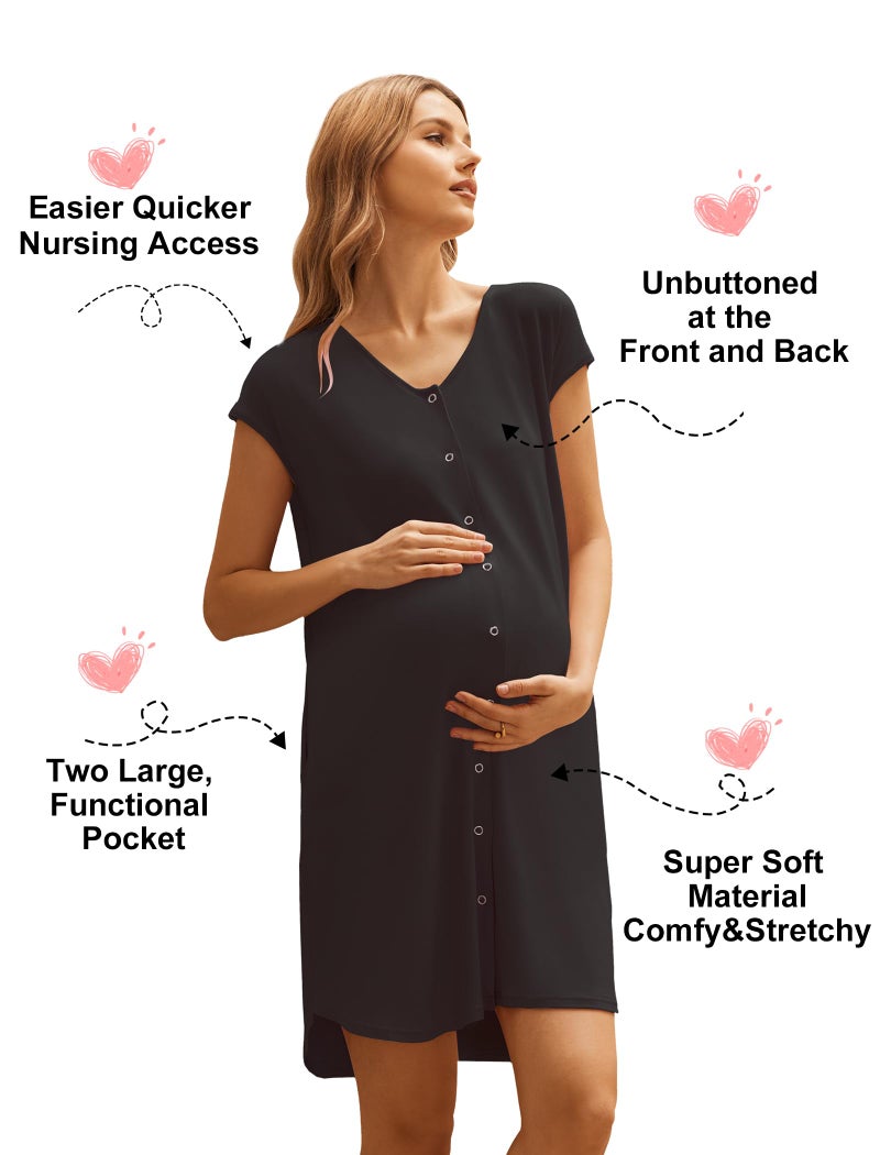 Ekouaer Labor and Delivery Gown Maternity Dress Nursing Nightgown Sleepwear for Breastfeeding V Neck Short Sleeve Nightshirt Sleepwear Black M - Image 2