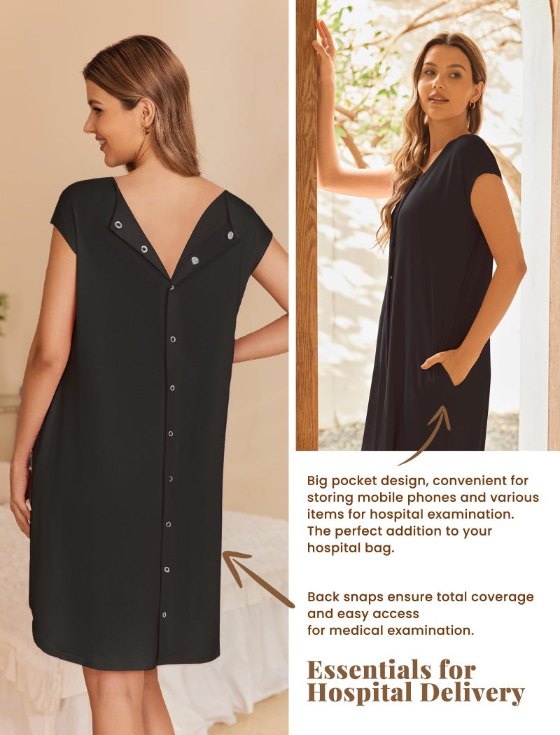 Ekouaer Labor and Delivery Gown Maternity Dress Nursing Nightgown Sleepwear for Breastfeeding V Neck Short Sleeve Nightshirt Sleepwear Black M - Image 4