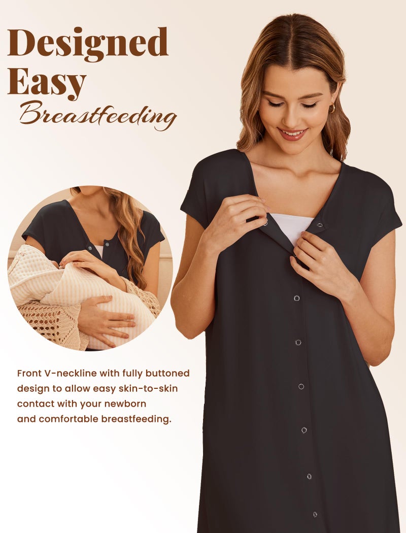 Ekouaer Labor and Delivery Gown Maternity Dress Nursing Nightgown Sleepwear for Breastfeeding V Neck Short Sleeve Nightshirt Sleepwear Black M - Image 3