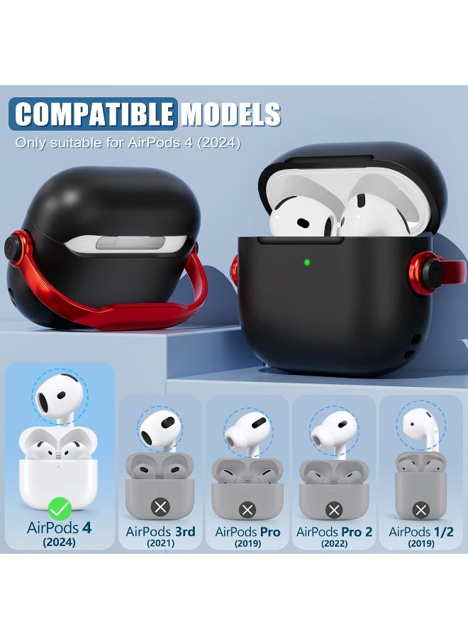 Protective Case for Airpods 4 Cover Shockproof, Wireless Charging Case with Safety Lock and Keychain, Anti-Fall Protective Cover (Black - Red) - Image 3