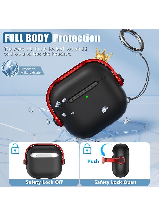 Protective Case for Airpods 4 Cover Shockproof, Wireless Charging Case with Safety Lock and Keychain, Anti-Fall Protective Cover (Black - Red) - Image 2