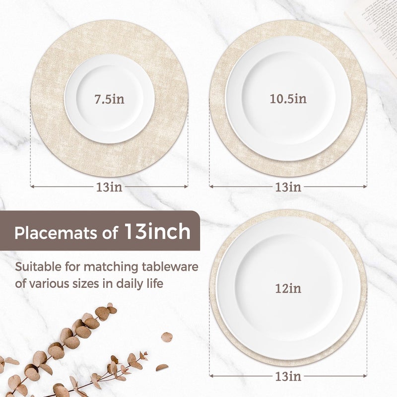 NCUE 13" Round Placemats Set of 6, Reversible Faux Leather Heat Resistant Table Mats, 100% Waterproof Oilproof Wipeable Table Protective Placemats for Vinyl, Washable for Indoor & Outdoor Use (6, Beige) - Image 2