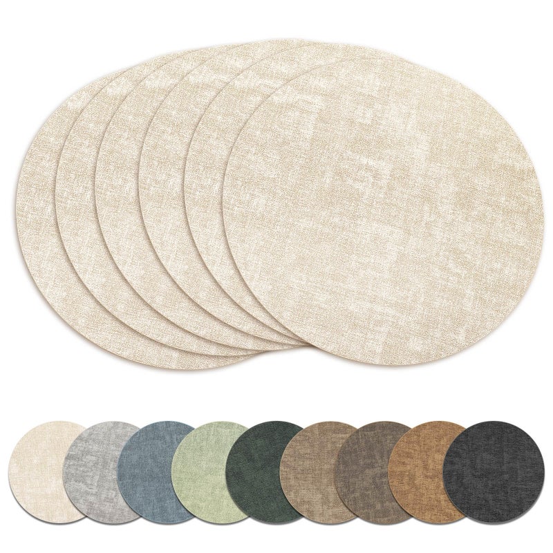 NCUE 13" Round Placemats Set of 6, Reversible Faux Leather Heat Resistant Table Mats, 100% Waterproof Oilproof Wipeable Table Protective Placemats for Vinyl, Washable for Indoor & Outdoor Use (6, Beige) - Image 1