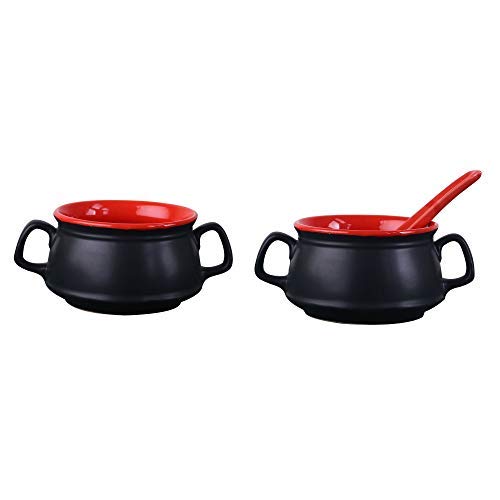 Caffeine Ceramic Handmade red & Black Matte Double Handled Soup Bowl with Spoon (Set of 2) - Image 1