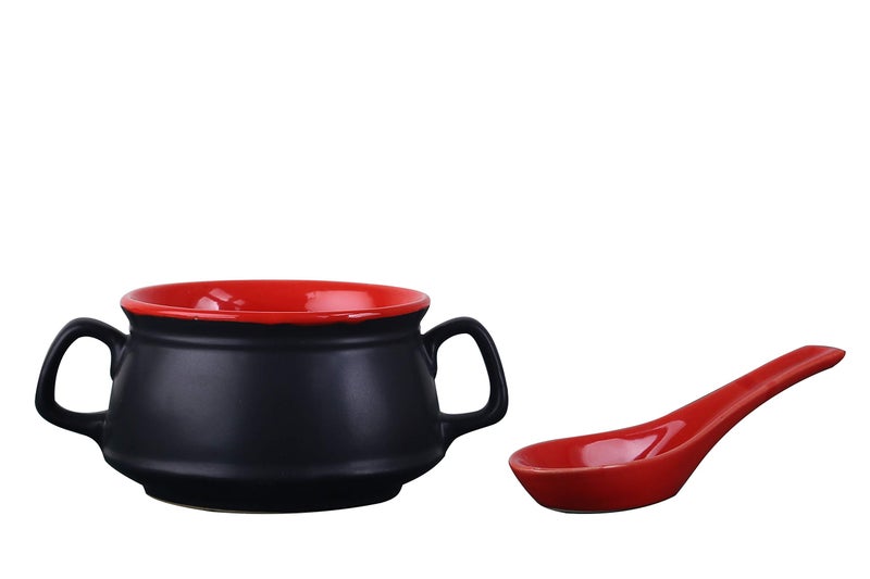 Caffeine Ceramic Handmade red & Black Matte Double Handled Soup Bowl with Spoon (Set of 2) - Image 2