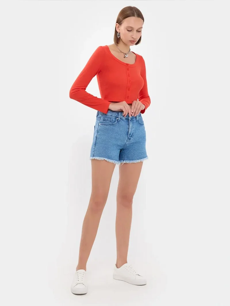 HICCUP Round Neck Woven Top with Button Detail