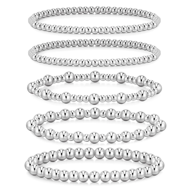 adoyi Silver Bracelets for Women, 14K Gold Plated Beaded Strand Bead Ball Bracelets stack Set Adjustable Set Trendy Non Tarnish Jewelry Sets for Gifts - Image 1