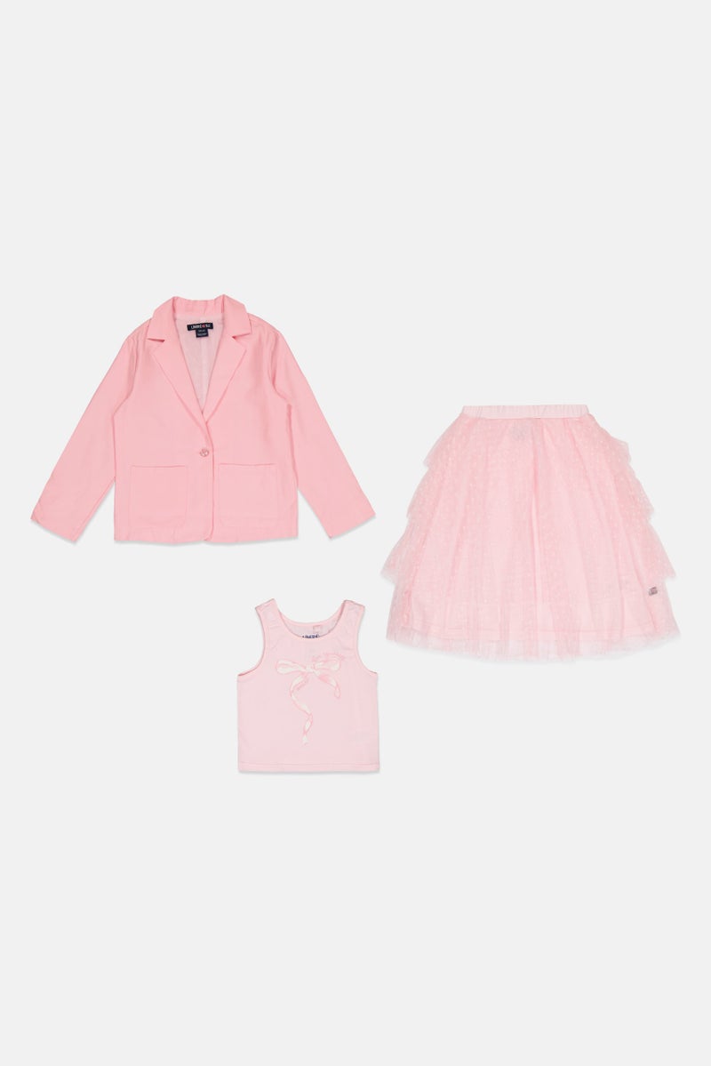 Limited Too Kids Girl 3 Pcs Solid Blazer And Skirt With Top Set, Pink - Image 2